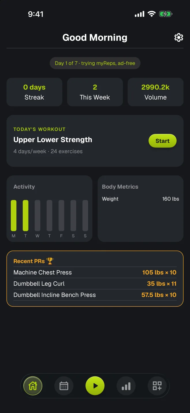 myReps dashboard: sessions this week, total volume, today's workout with a Start button, weekly activity bars, body weight and recent personal records.