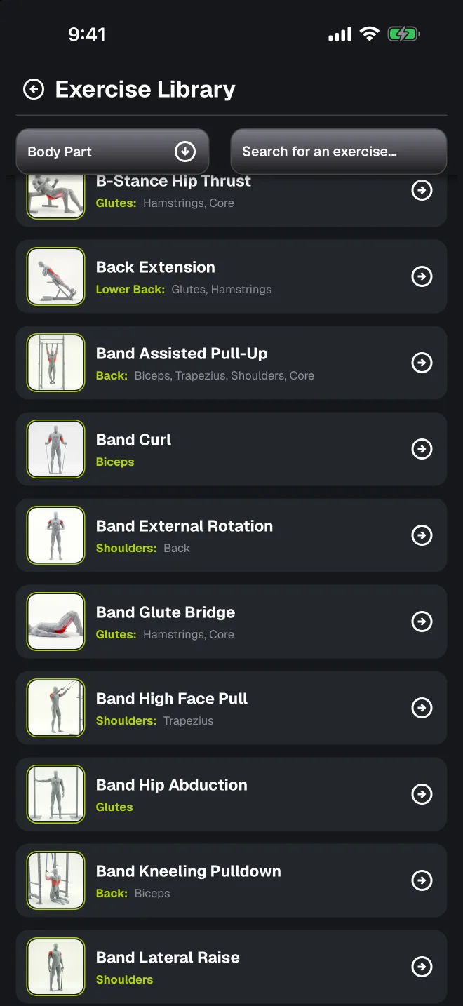 myReps exercise library: a searchable list of exercises, each with a demonstration thumbnail and the muscles it trains.