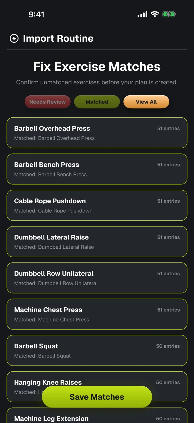 myReps Fix Exercise Matches screen: every exercise name from the file matched to the myReps library, with entry counts.