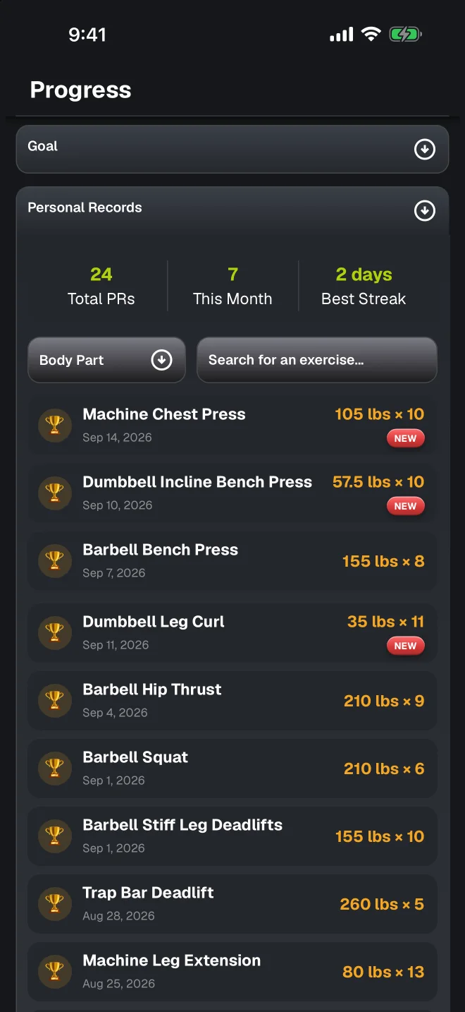 myReps personal records: 24 total, 7 this month, and a dated list of record lifts with New badges.