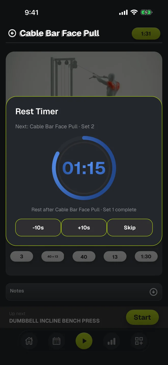 myReps rest timer: a blue ring counting down from 1:27 after set one, with minus 10 seconds, plus 10 seconds and Skip.