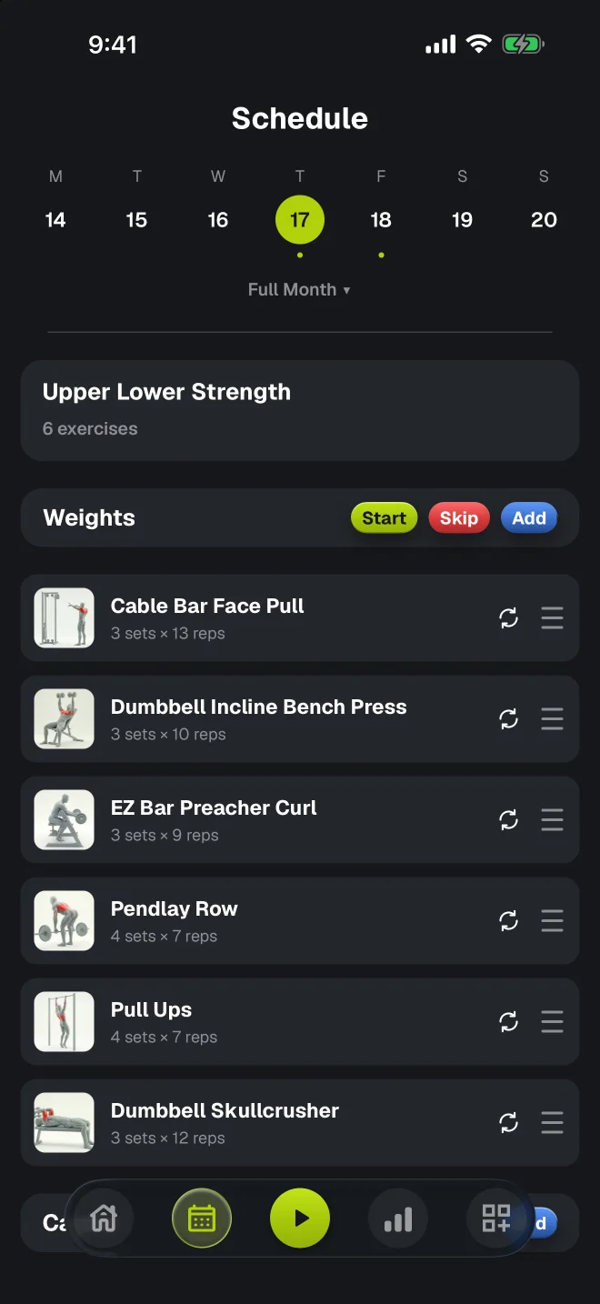 myReps schedule: the week strip with today selected and the day's six exercises with sets and reps, each with swap and reorder controls.