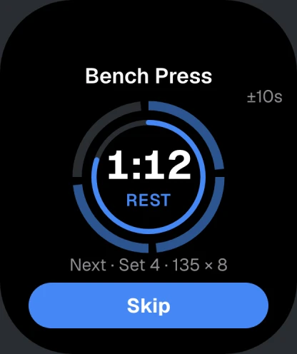 myReps on Apple Watch: a blue rest ring counting down, with a Skip button.