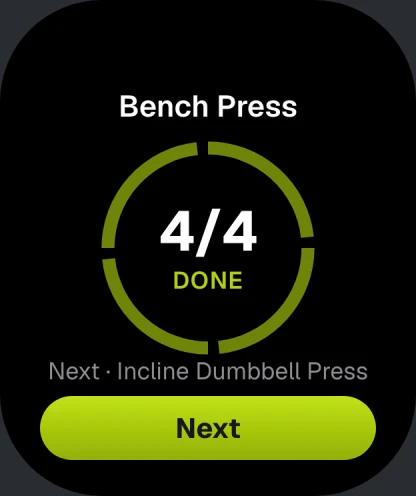 myReps on Apple Watch: exercise complete, 4 of 4 sets, with the next exercise and a Next button.