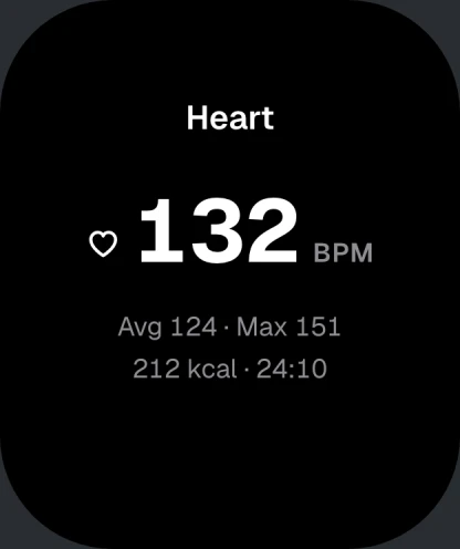myReps on Apple Watch: live heart rate with average, maximum, calories and elapsed time.