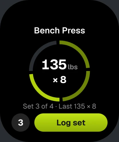myReps on Apple Watch: Bench Press, 135 lbs for 8 reps inside a segmented ring, set 3 of 4, with a Log set button.