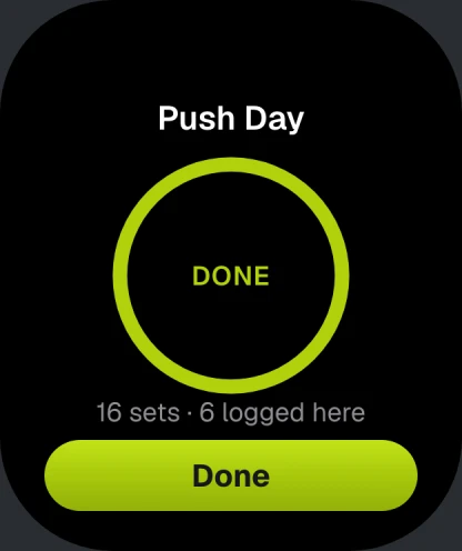 myReps on Apple Watch: workout done, 16 sets with 6 logged on the watch.
